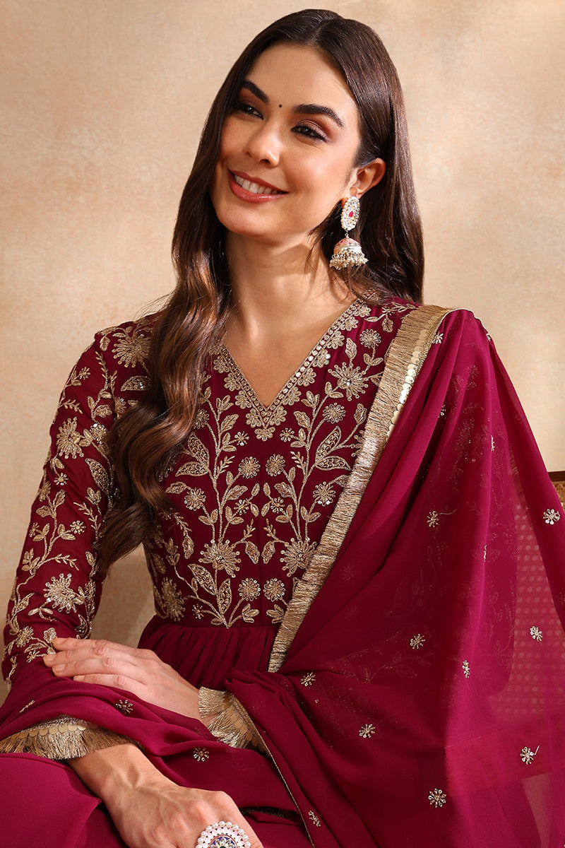 Burgundy Georgette Solid Embroidered Anarkali Gown with Dupatta VKSET1520WIN