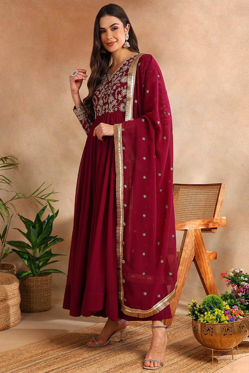 Burgundy Georgette Solid Embroidered Anarkali Gown with Dupatta VKSET1520WIN