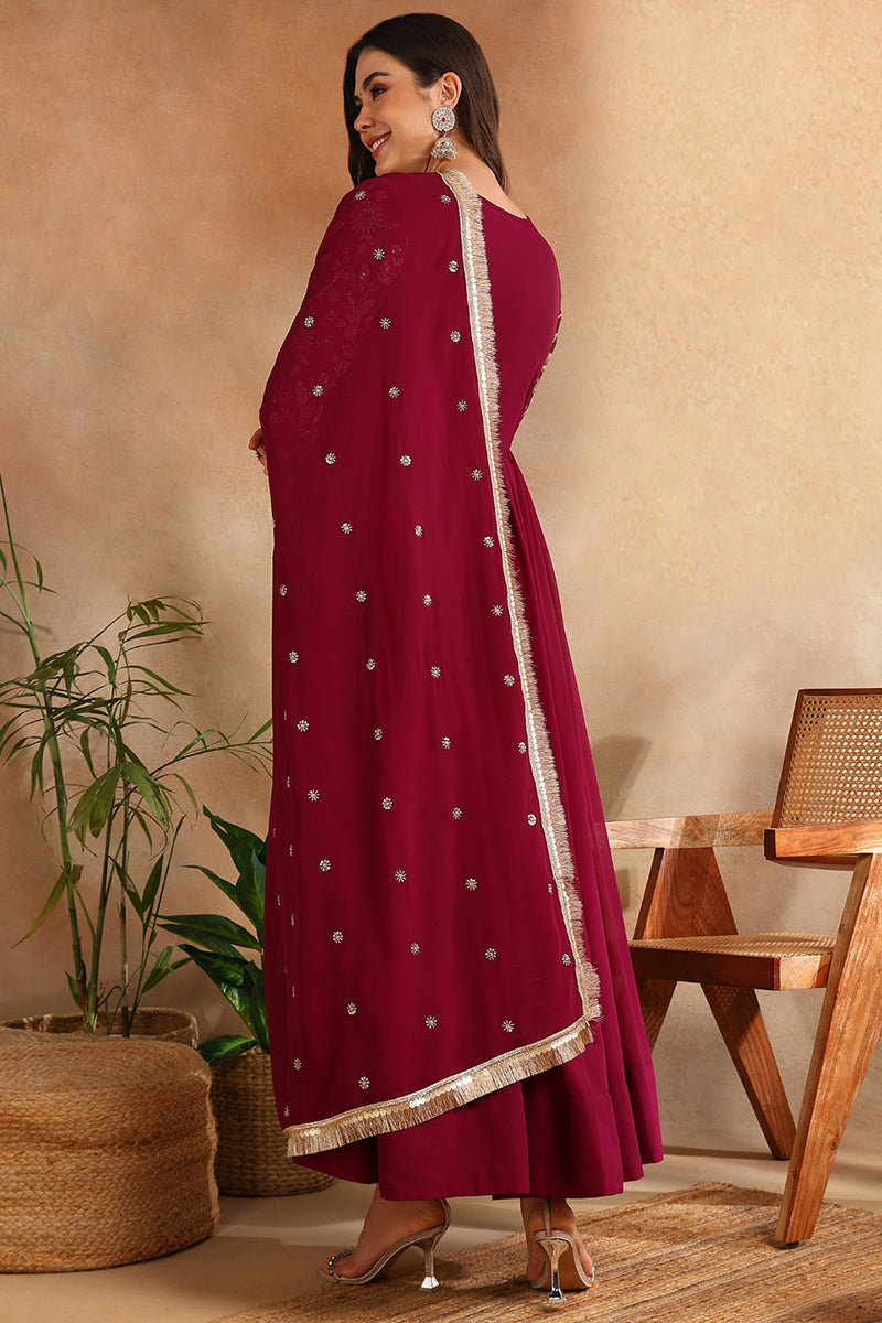 Burgundy Georgette Solid Embroidered Anarkali Gown with Dupatta VKSET1520WIN