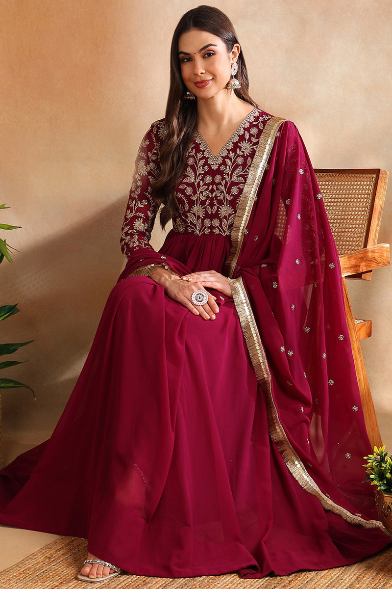 Burgundy Georgette Solid Embroidered Anarkali Gown with Dupatta VKSET1520WIN