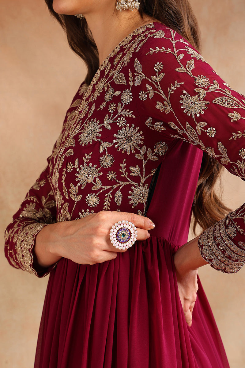 Burgundy Georgette Solid Embroidered Anarkali Gown with Dupatta VKSET1520WIN