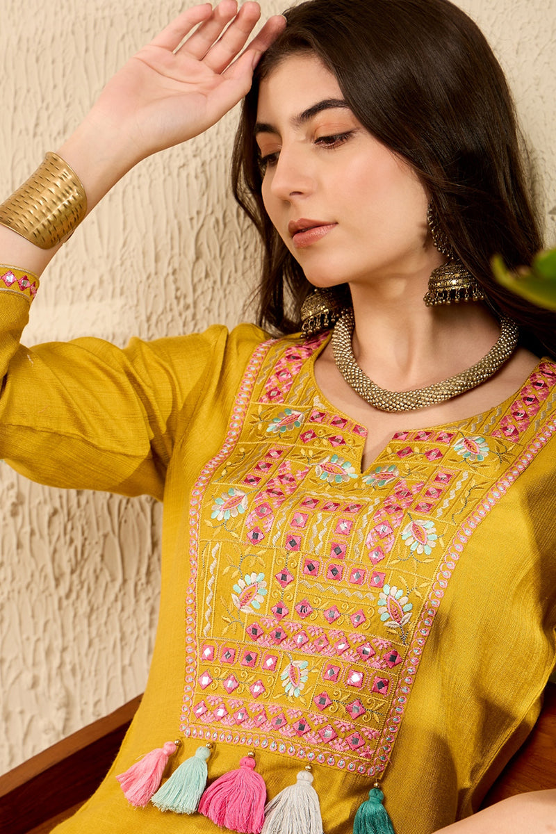 Mustard Viscose Rayon Solid Embroidered Straight Dhoti Pant Kurta Set VKSET1524