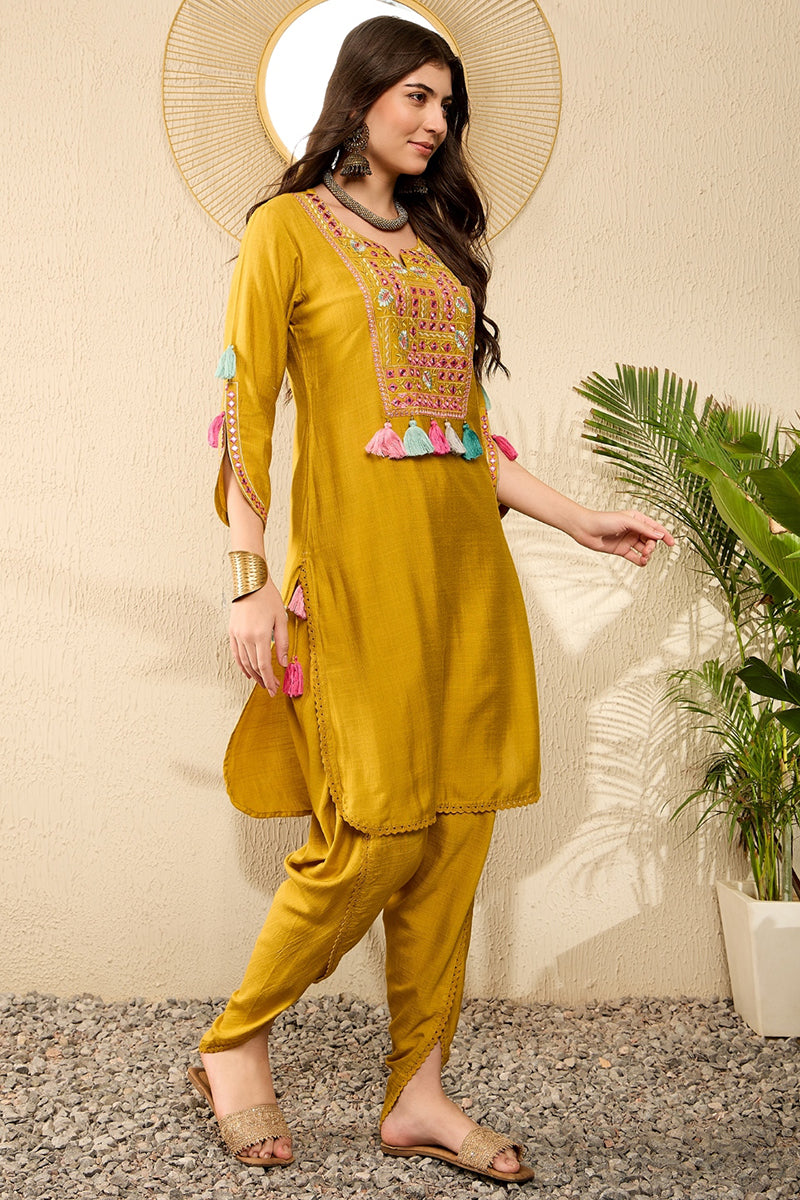 Mustard Viscose Rayon Solid Embroidered Straight Dhoti Pant Kurta Set VKSET1524
