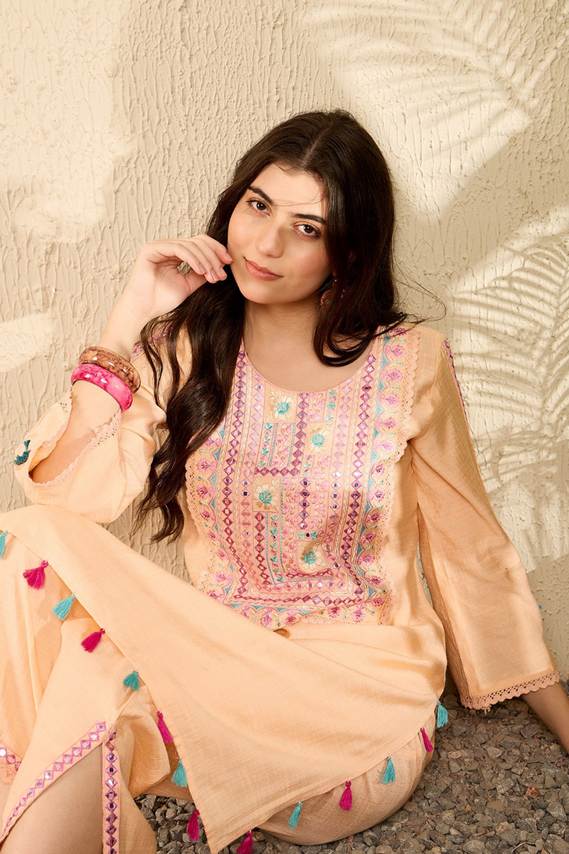 Peach Viscose Rayon Solid Embroidered Straight Trouser Kurta Set VKSET1525