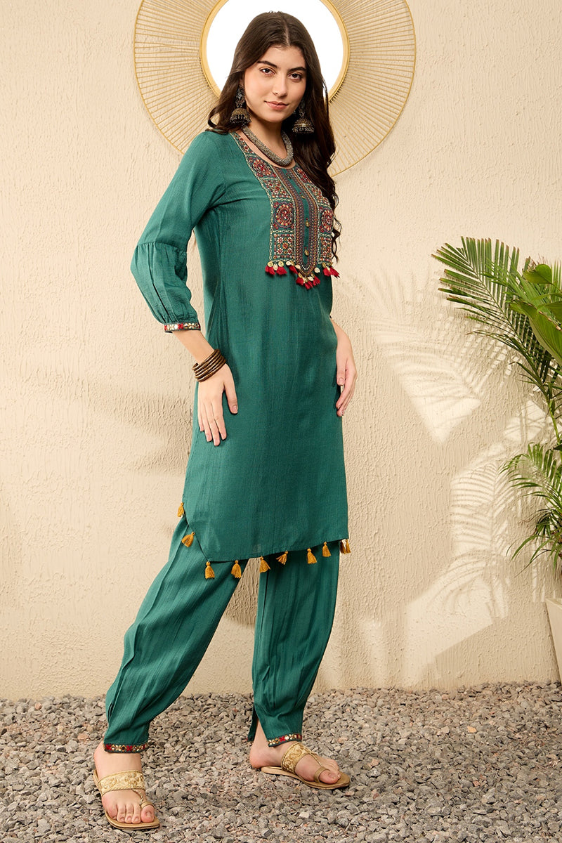 Teal Viscose Rayon Solid Embroidered Straight Salwar Kurta Set VKSET1526