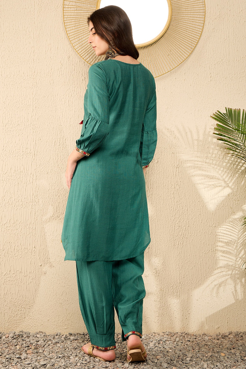 Teal Viscose Rayon Solid Embroidered Straight Salwar Kurta Set VKSET1526