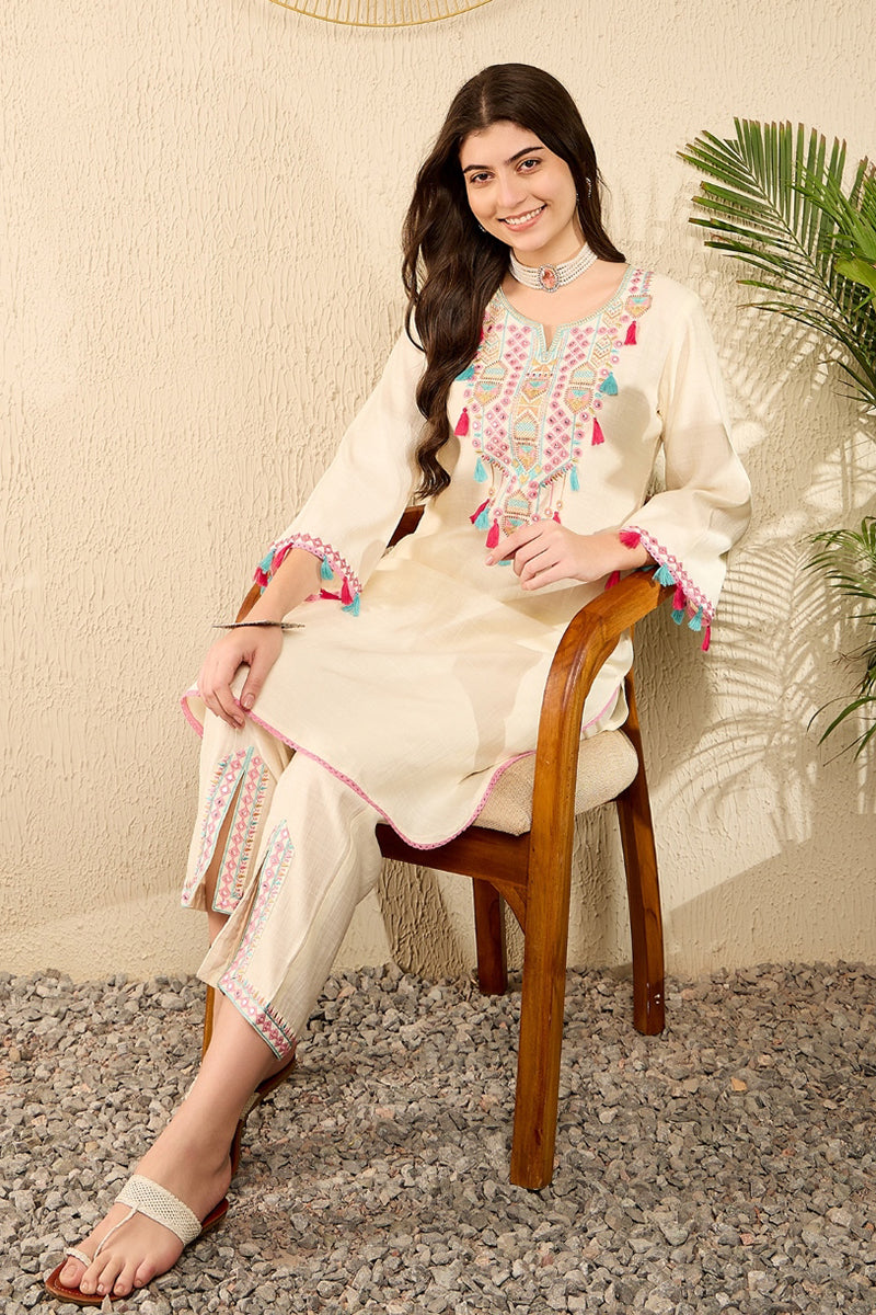 Off White Viscose Rayon Solid Embroidered Straight Trouser Kurta Set VKSET1527
