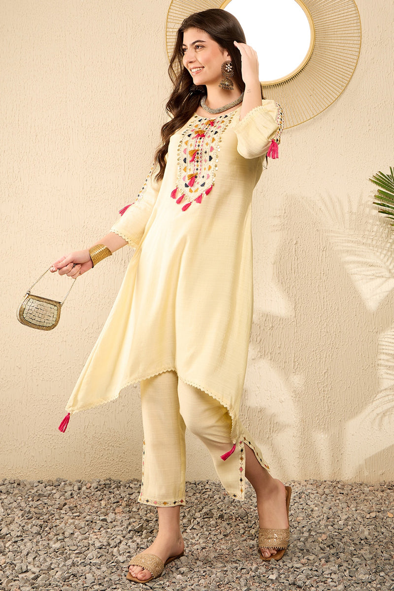 Yellow Viscose Rayon Solid Embroidered A-Line Trouser Kurta Set VKSET1529