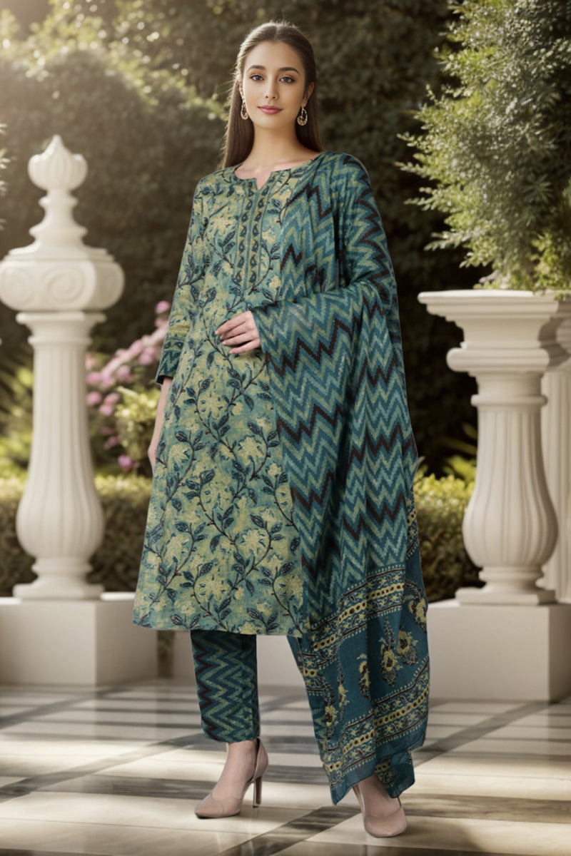 Rayon Blend Teal Ethnic Motifs Printed Straight Kurta Palazzo Dupatta Set VKSKD1091