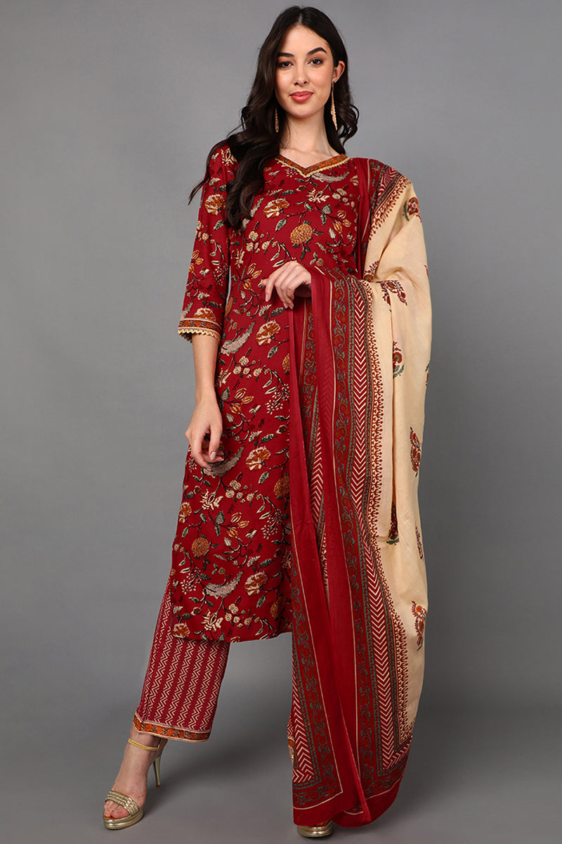 Red Cotton Floral Printed Kurta Pant Dupatta Set VKSKD1425