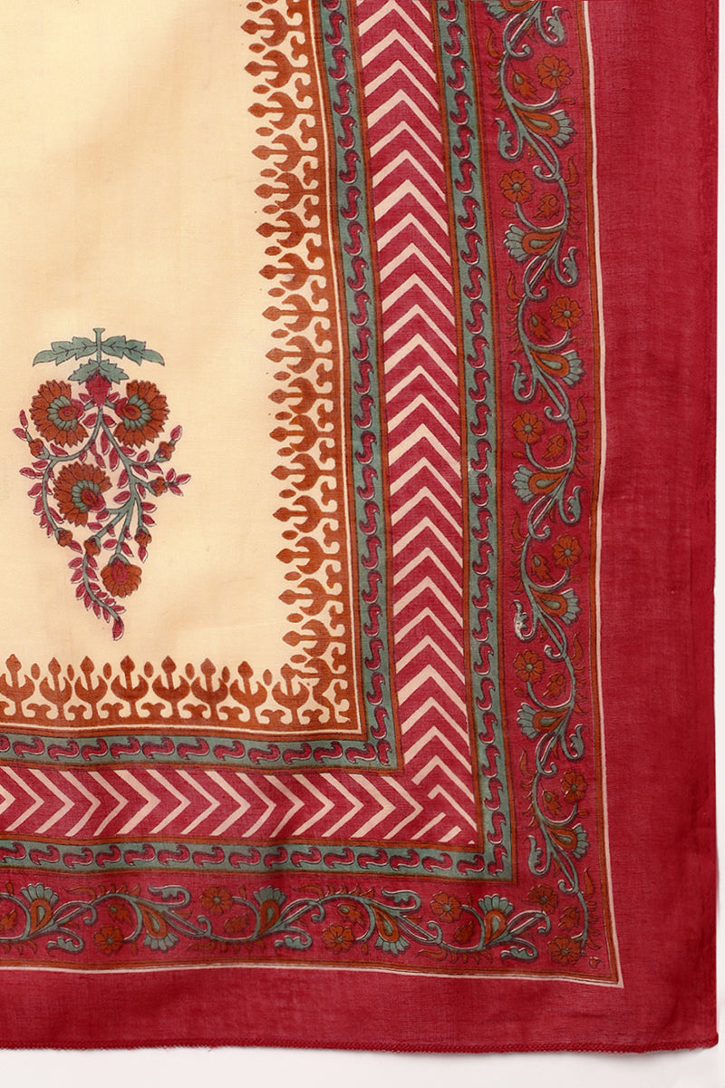 Red Cotton Floral Printed Kurta Pant Dupatta Set VKSKD1425