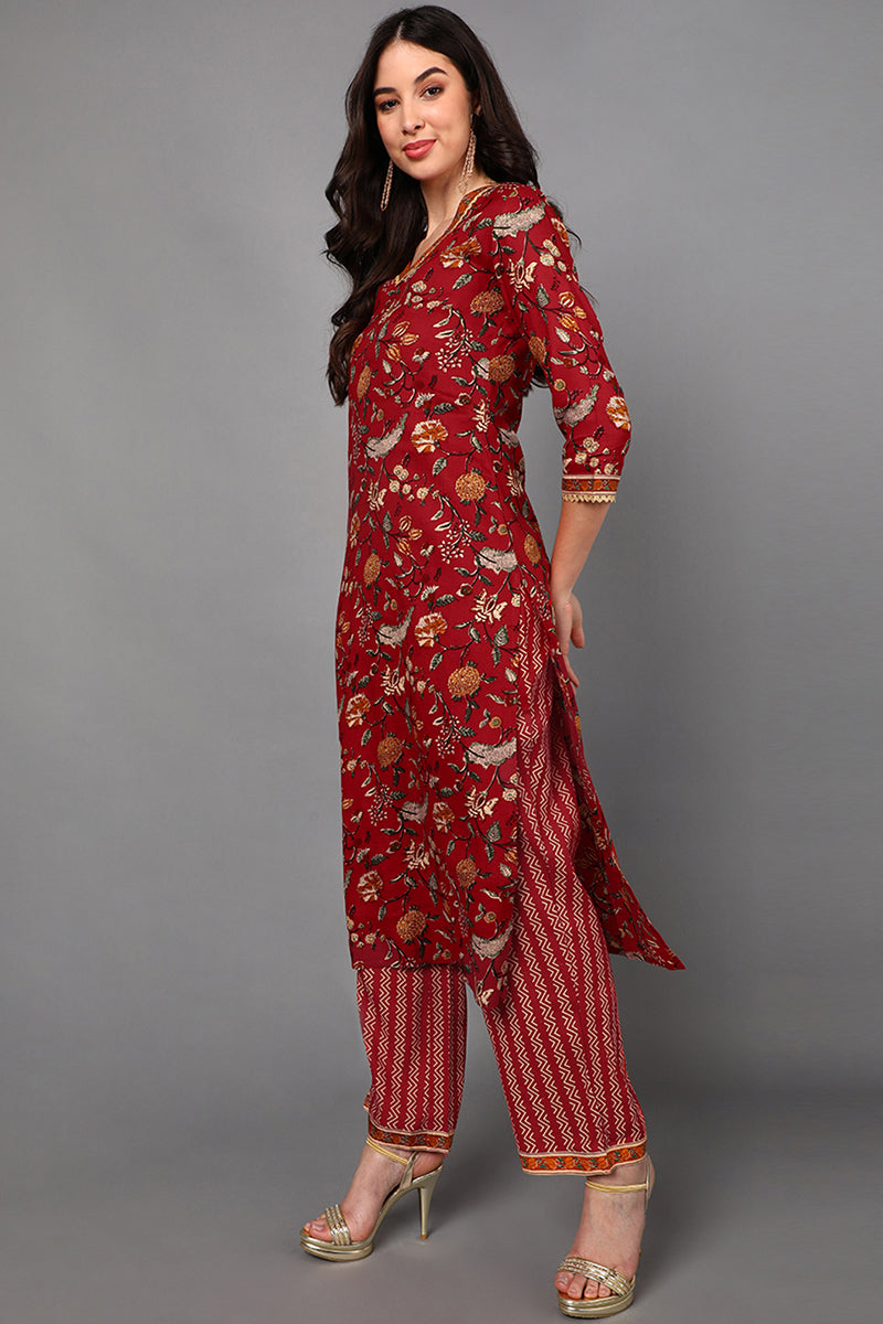 Red Cotton Floral Printed Kurta Pant Dupatta Set VKSKD1425