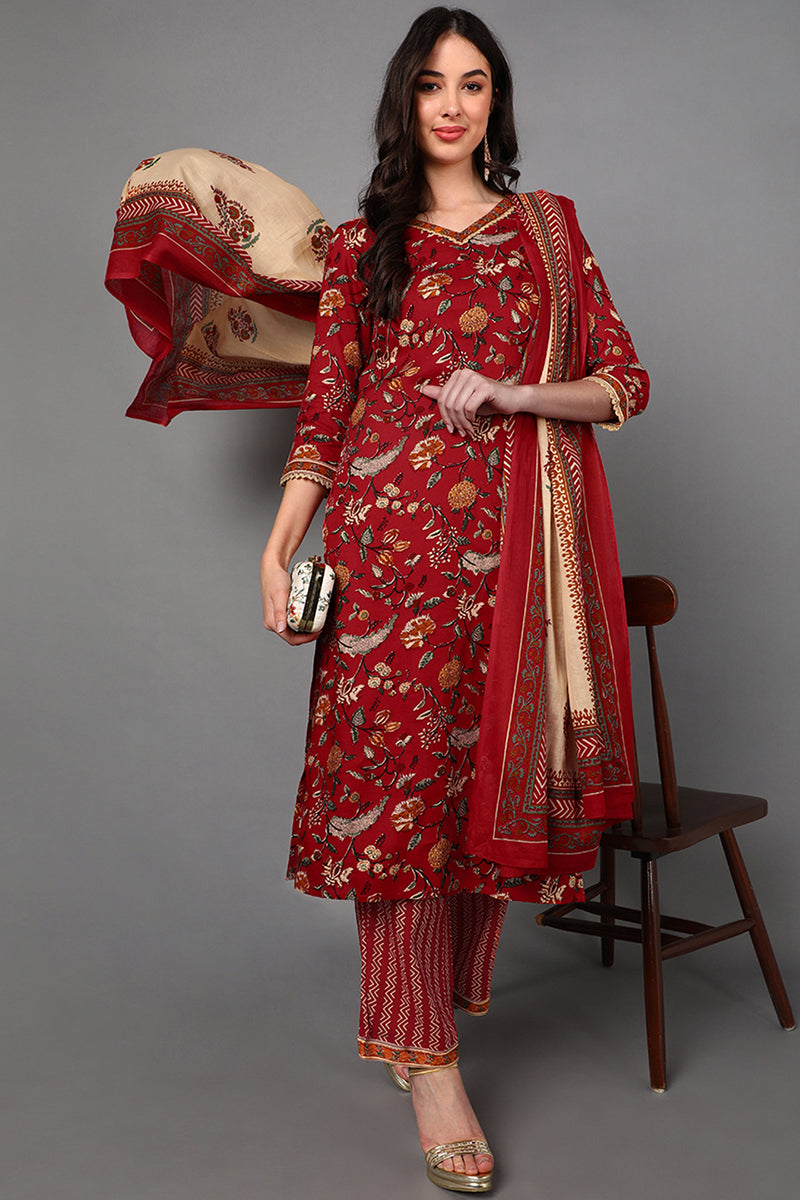 Red Cotton Floral Printed Kurta Pant Dupatta Set VKSKD1425