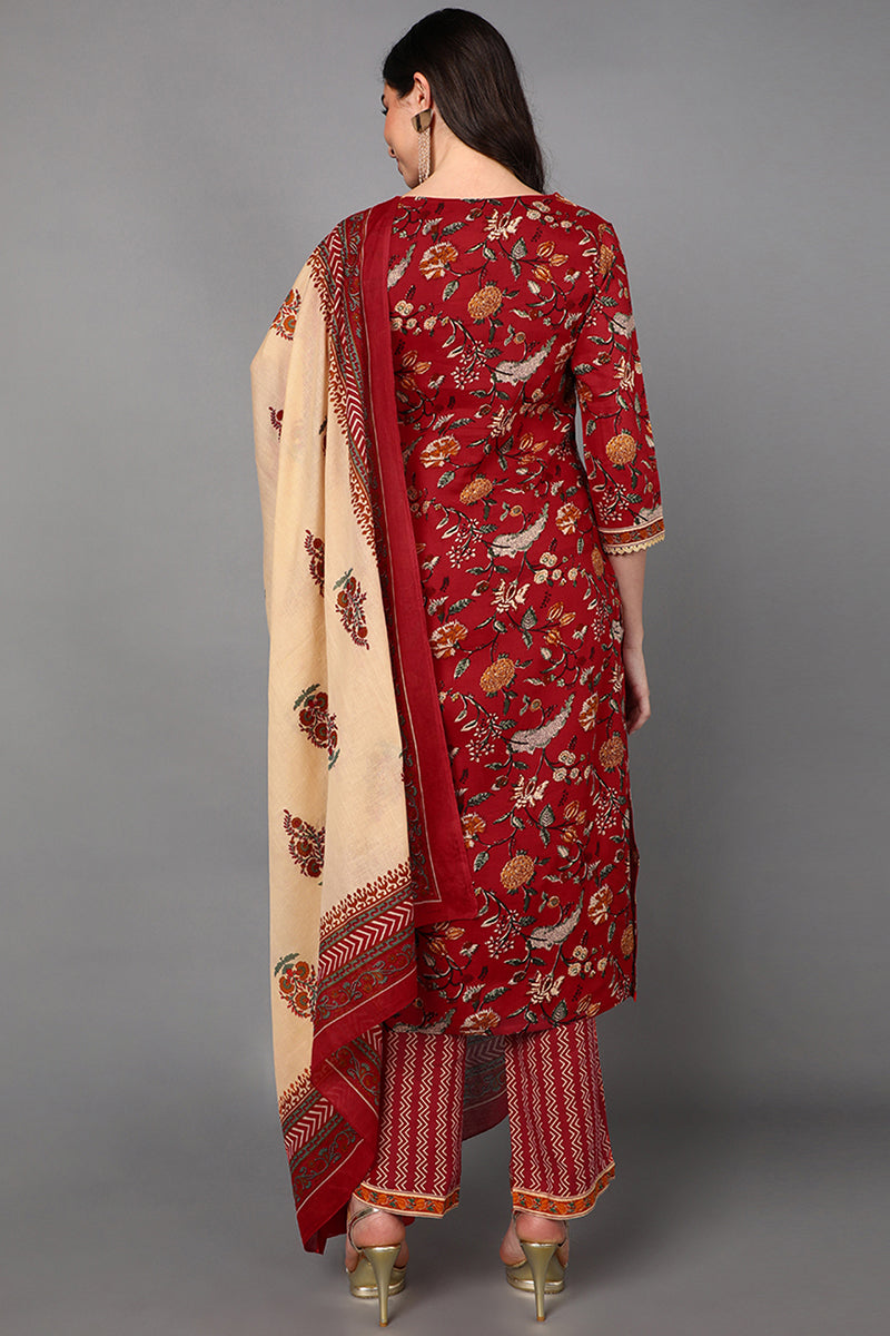 Red Cotton Floral Printed Kurta Pant Dupatta Set VKSKD1425