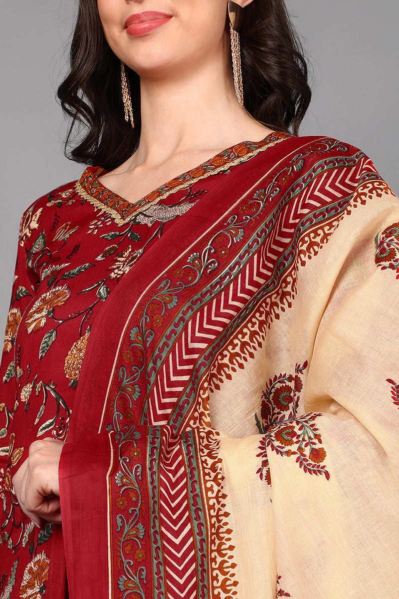 Red Cotton Floral Printed Kurta Pant Dupatta Set VKSKD1425