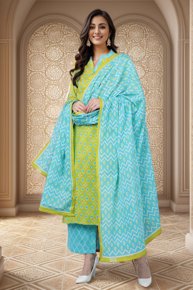 Lime Green Printed Rayon Blend Kurta Palazzo With Dupatta VKSKD1566