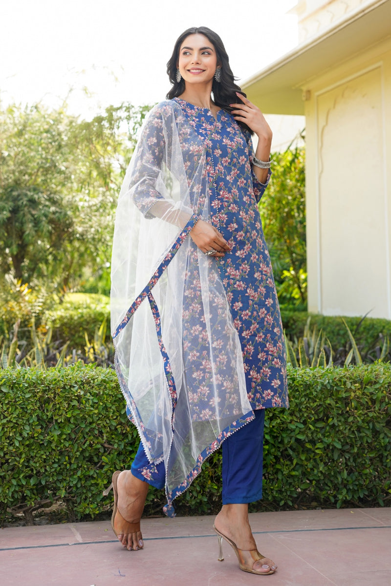 Blue Rayon Blend Floral Straight Suit Set VKSKD1601