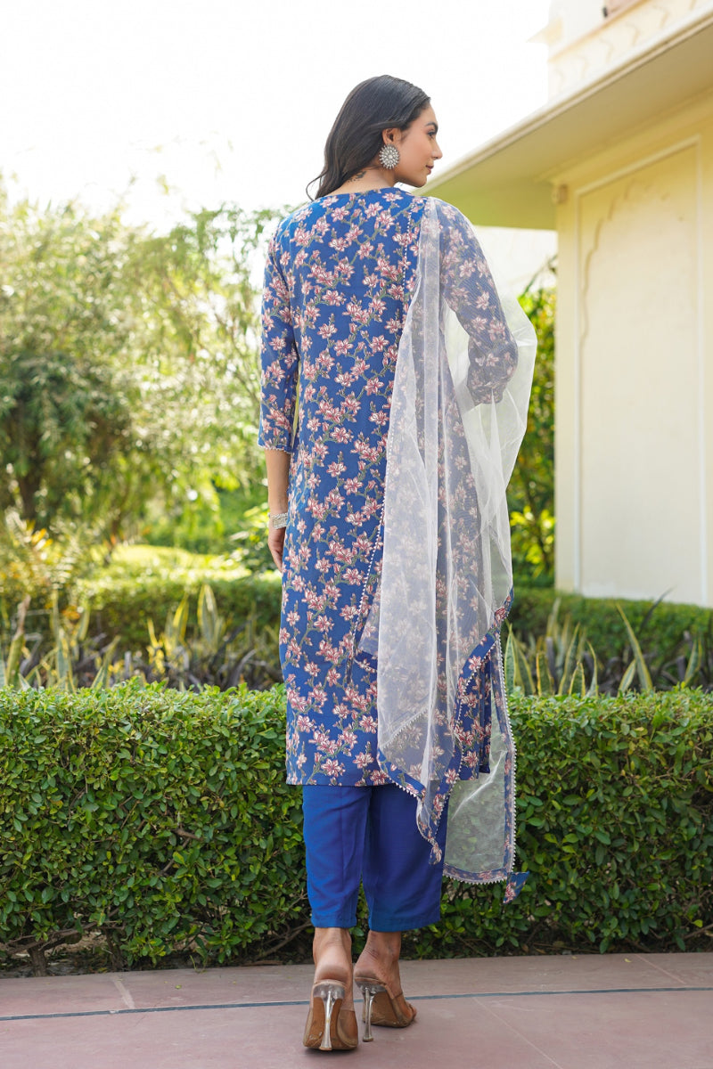 Blue Rayon Blend Floral Straight Suit Set VKSKD1601