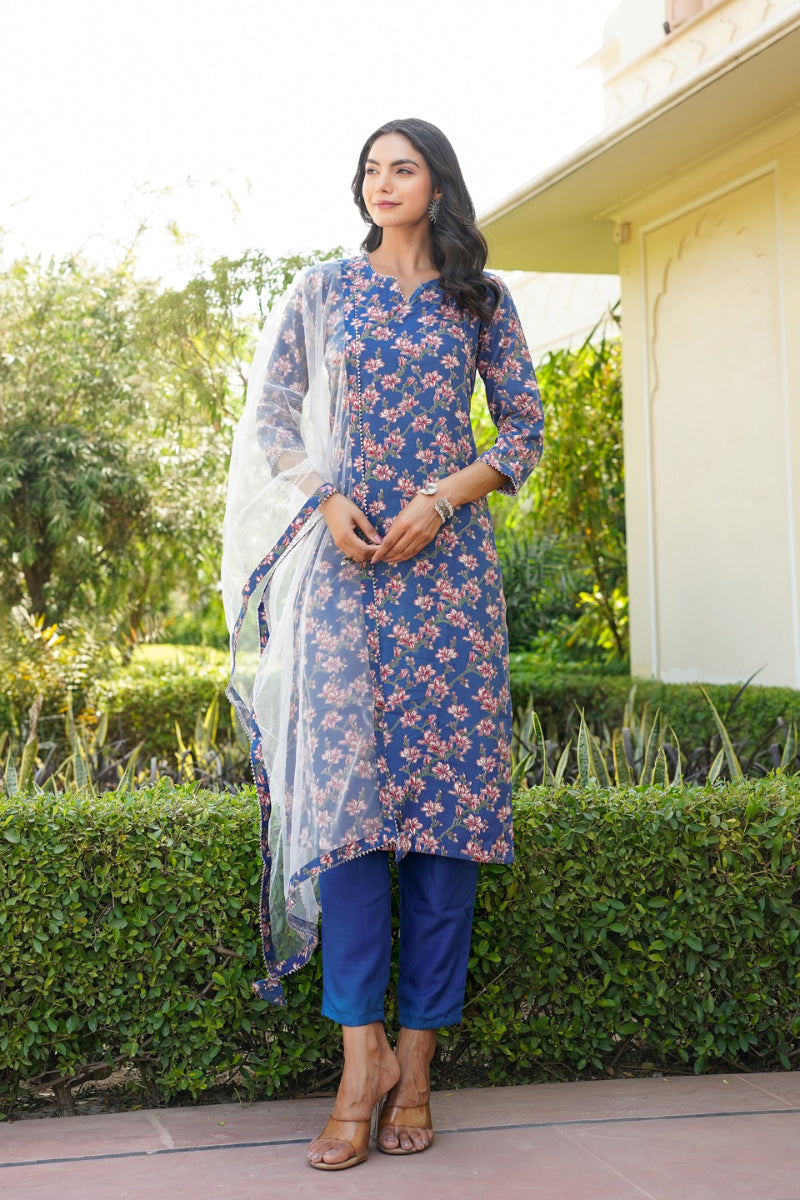 Blue Rayon Blend Floral Straight Suit Set VKSKD1601