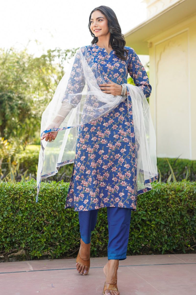 Blue Rayon Blend Floral Straight Suit Set VKSKD1601