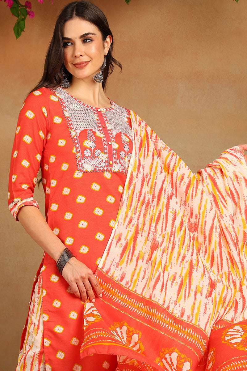 Orange Cotton Straight Kurta Pant With Dupatta VKSKD1627