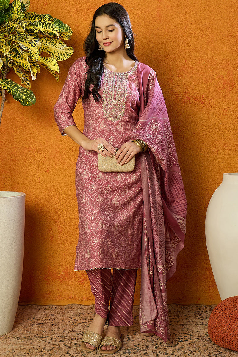 Pink Silk Blend Bandhani Print Embroidered Straight Suit Set VKSKD1682