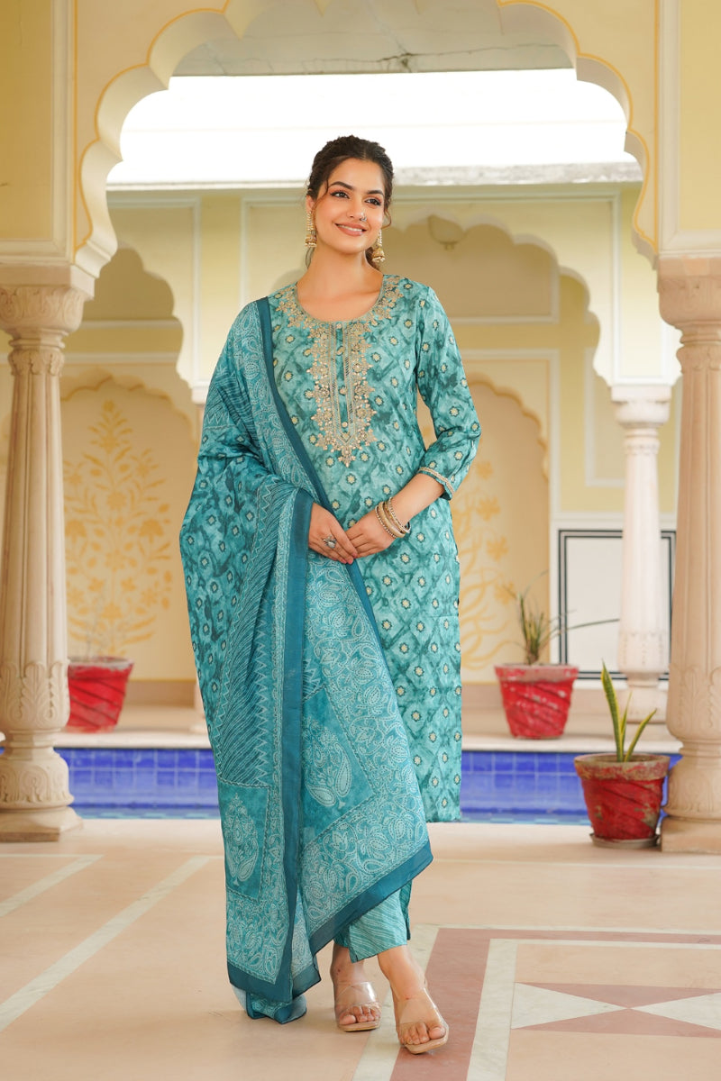 Sea Green Silk Blend Ombre Straight Kurta Trousers With Dupatta VKSKD1688