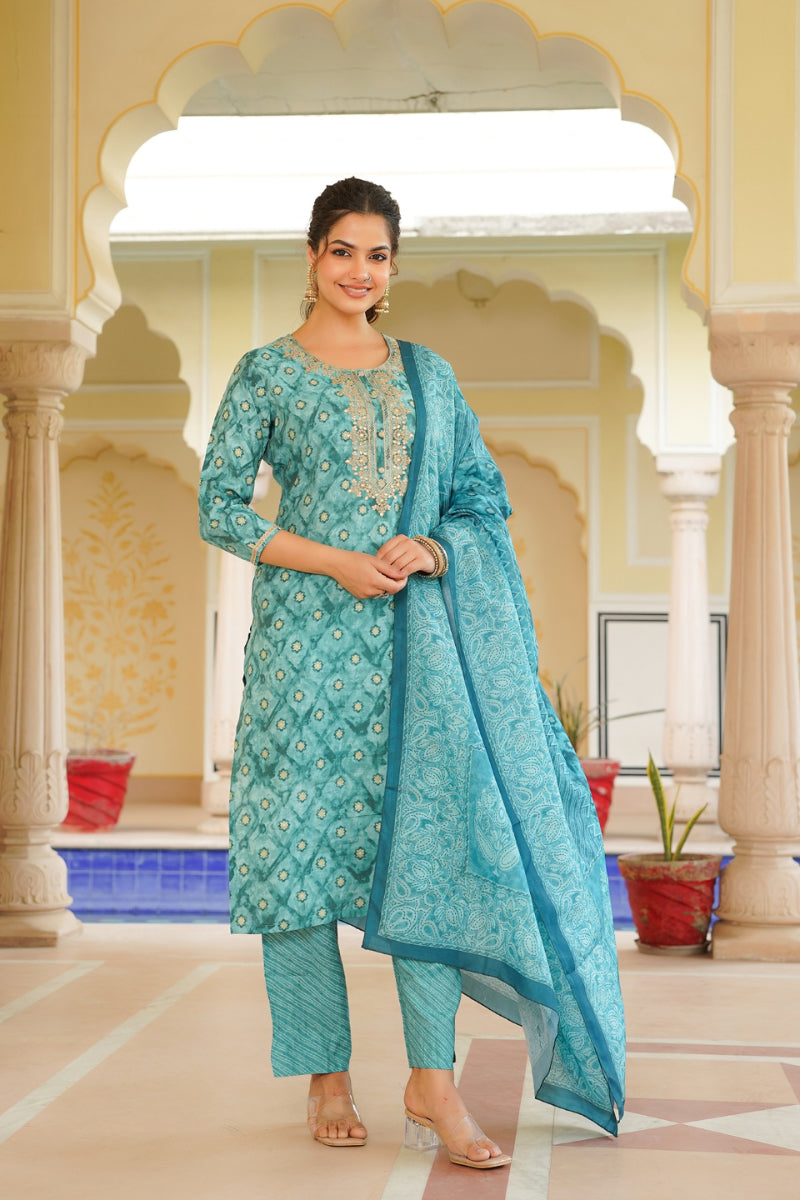 Sea Green Silk Blend Ombre Straight Kurta Trousers With Dupatta VKSKD1688
