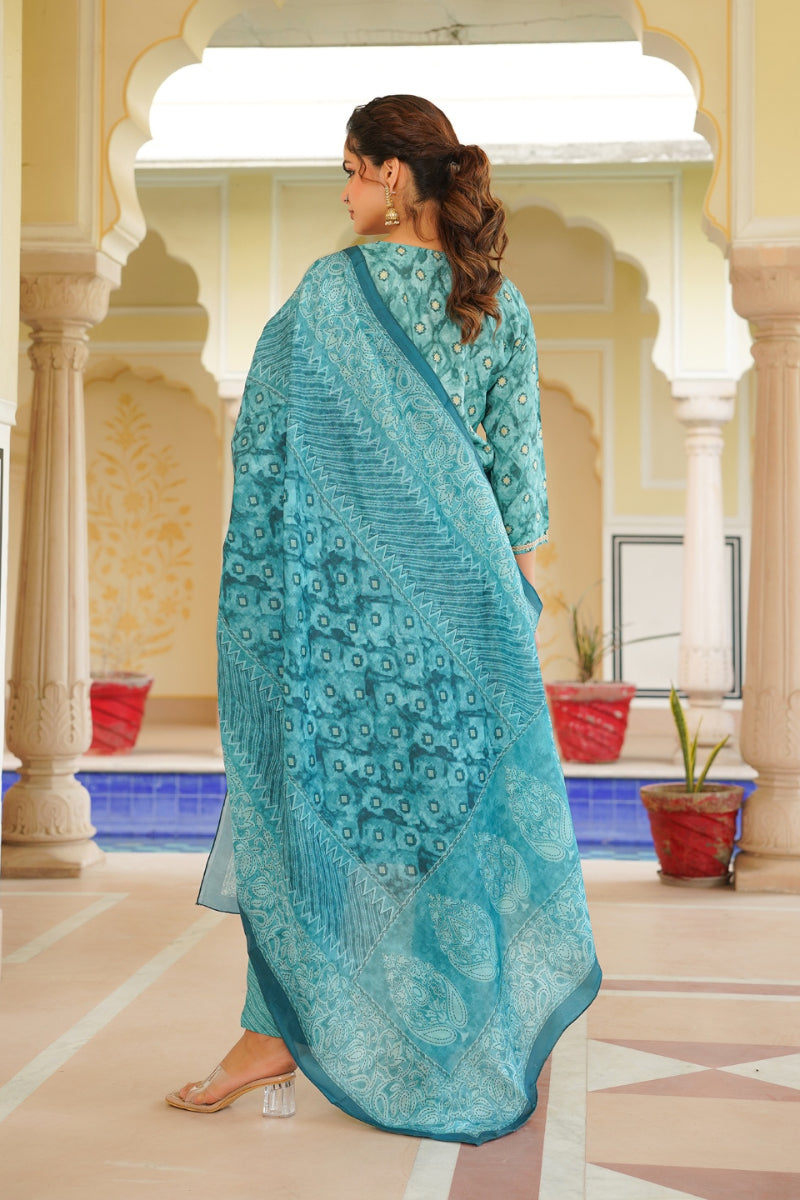 Sea Green Silk Blend Ombre Straight Kurta Trousers With Dupatta VKSKD1688