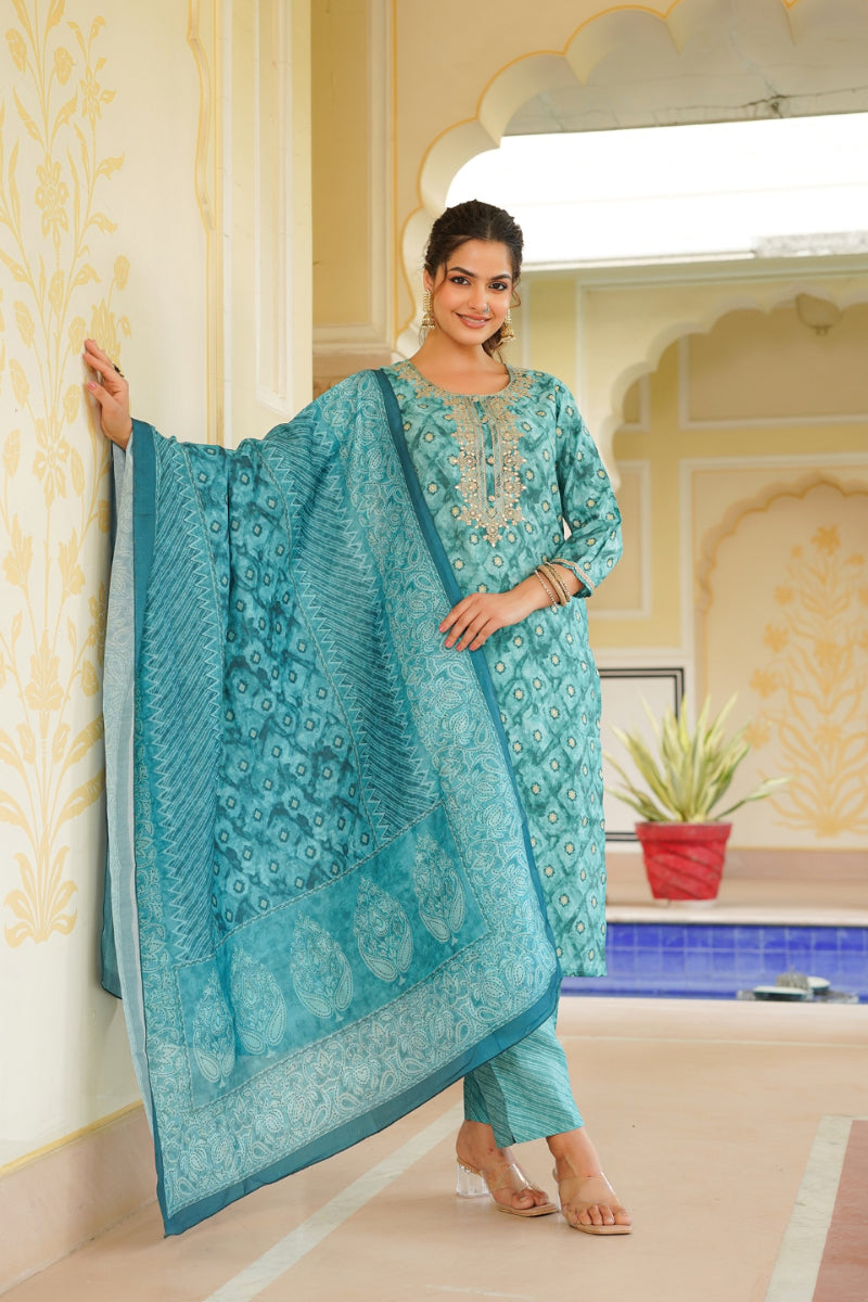 Sea Green Silk Blend Ombre Straight Kurta Trousers With Dupatta VKSKD1688