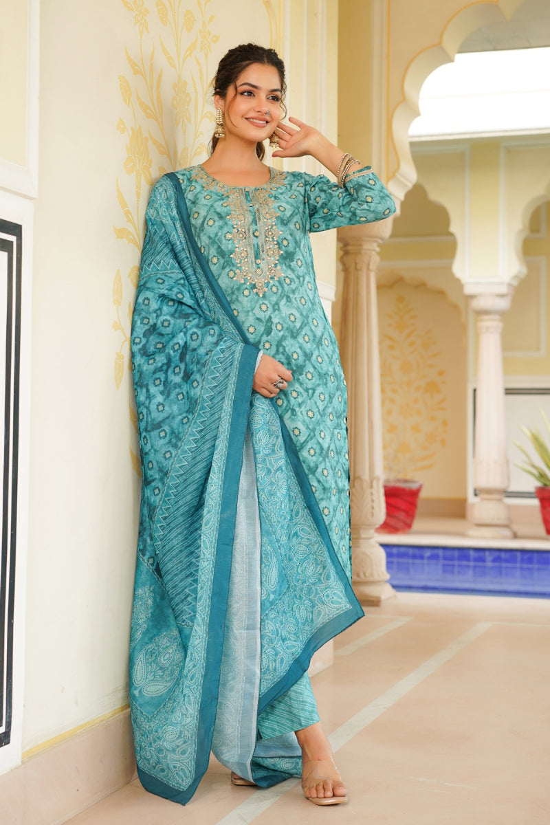 Sea Green Silk Blend Ombre Straight Kurta Trousers With Dupatta VKSKD1688