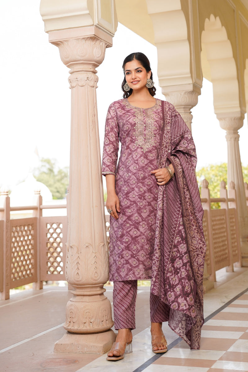 Mauve Silk Blend Ombre Straight Kurta Trousers With Dupatta VKSKD1690
