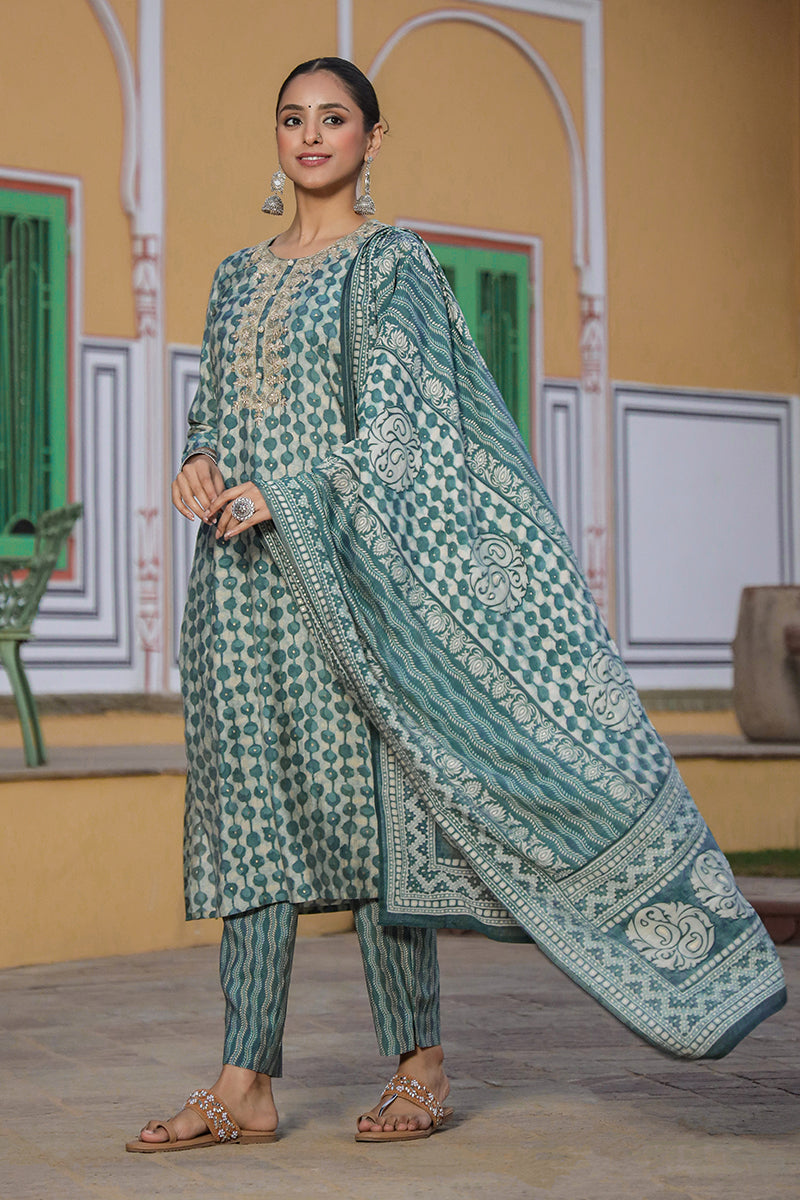 Green Silk Blend Abstract Straight Kurta Trousers With Dupatta VKSKD1696