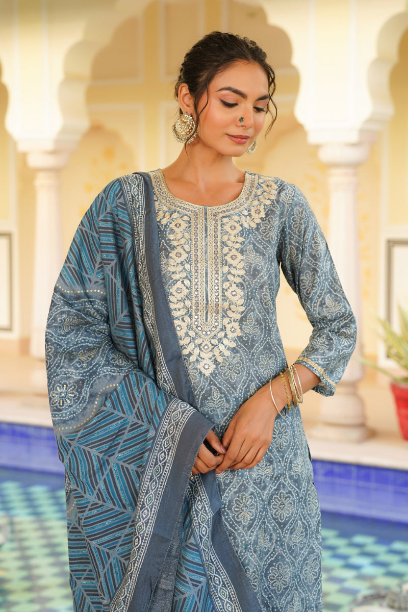 Grey Silk Blend Straight Kurta Pant With Dupatta VKSKD1706