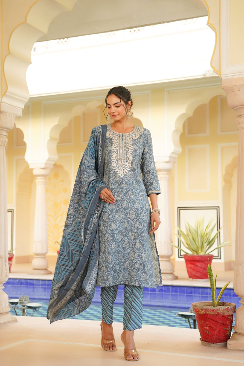Grey Silk Blend Straight Kurta Pant With Dupatta VKSKD1706