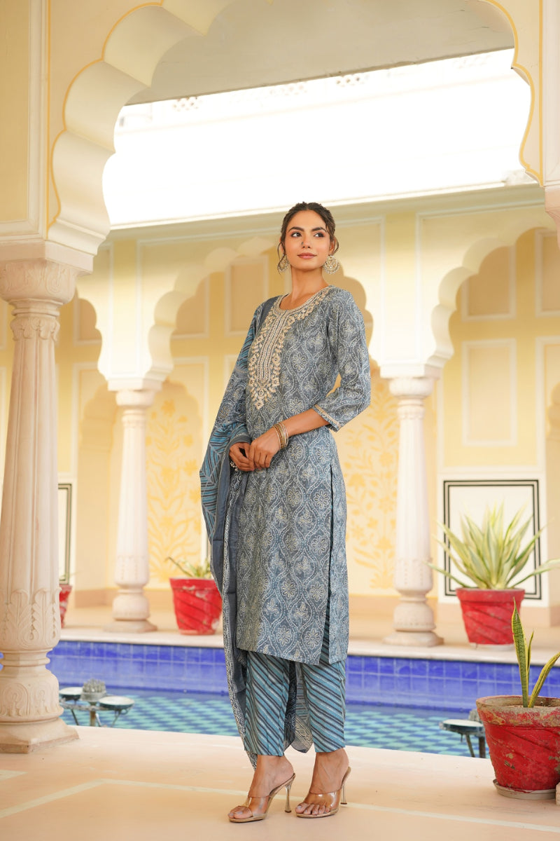 Grey Silk Blend Straight Kurta Pant With Dupatta VKSKD1706