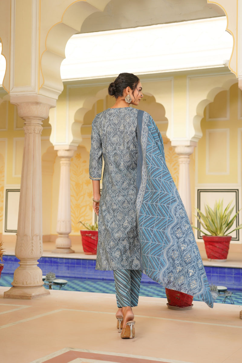 Grey Silk Blend Straight Kurta Pant With Dupatta VKSKD1706