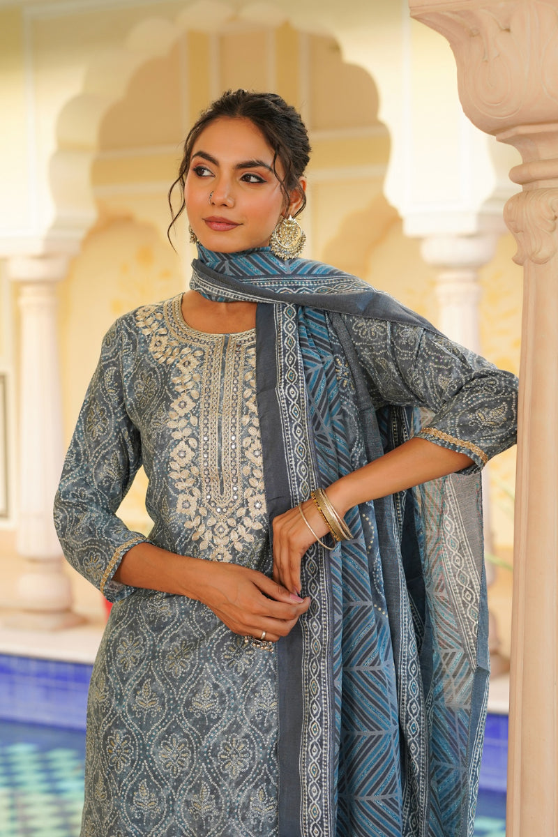 Grey Silk Blend Straight Kurta Pant With Dupatta VKSKD1706