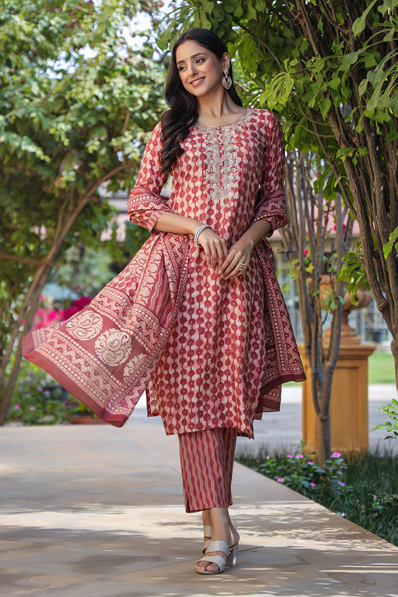 Beige Silk Blend Embroidered Geometric Printed Kurta Pant With Dupatta VKSKD1708