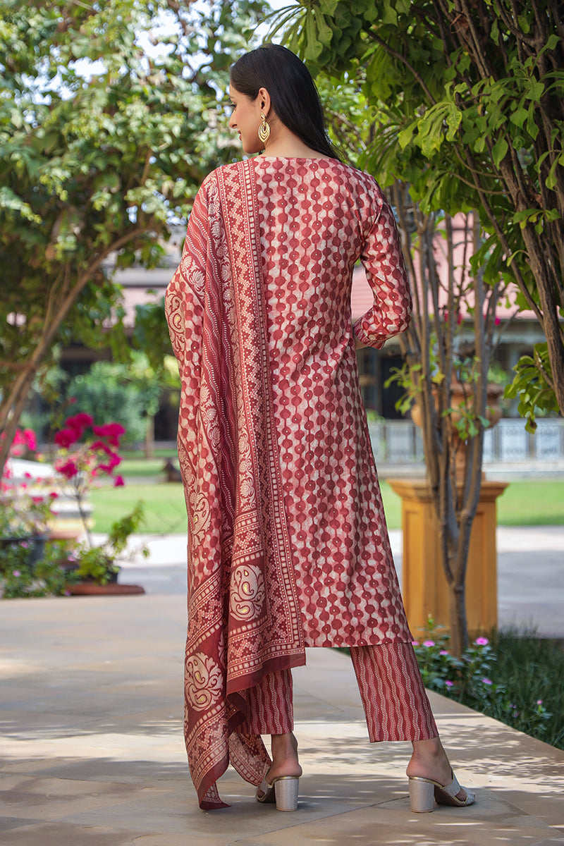 Beige Silk Blend Embroidered Geometric Printed Kurta Pant With Dupatta VKSKD1708