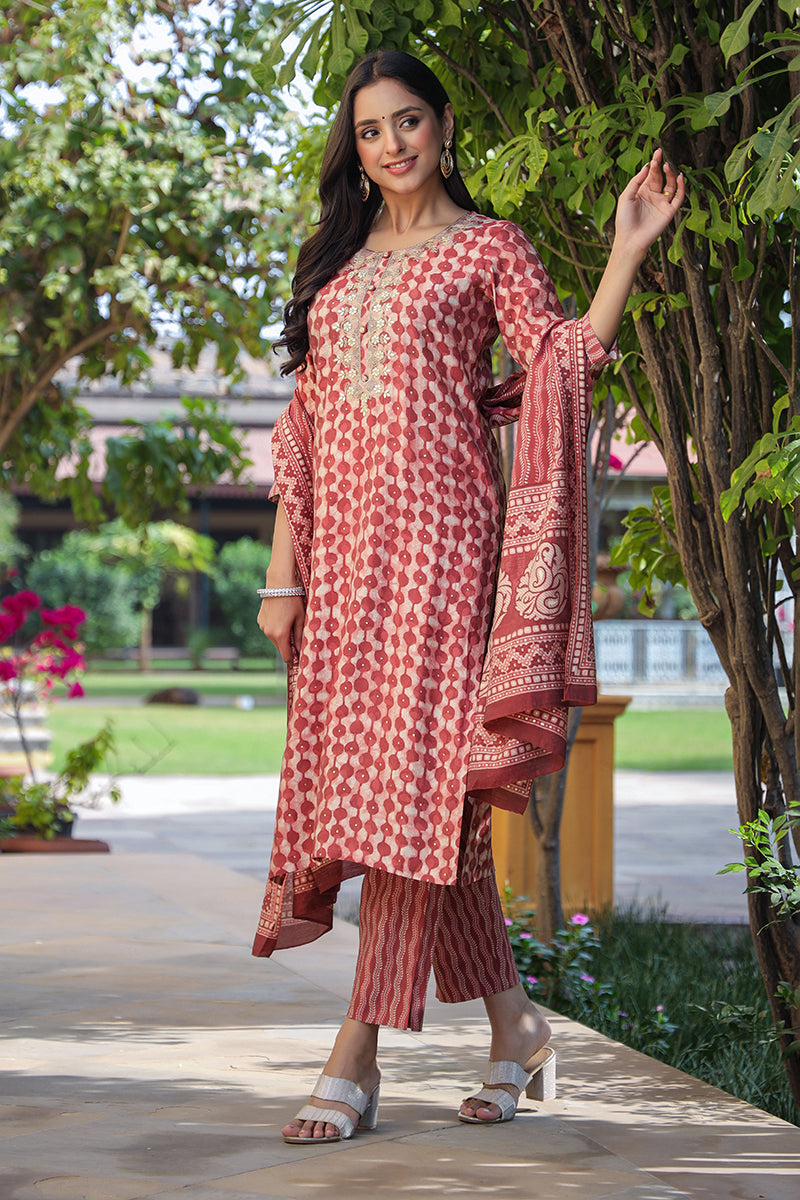 Beige Silk Blend Embroidered Geometric Printed Kurta Pant With Dupatta VKSKD1708