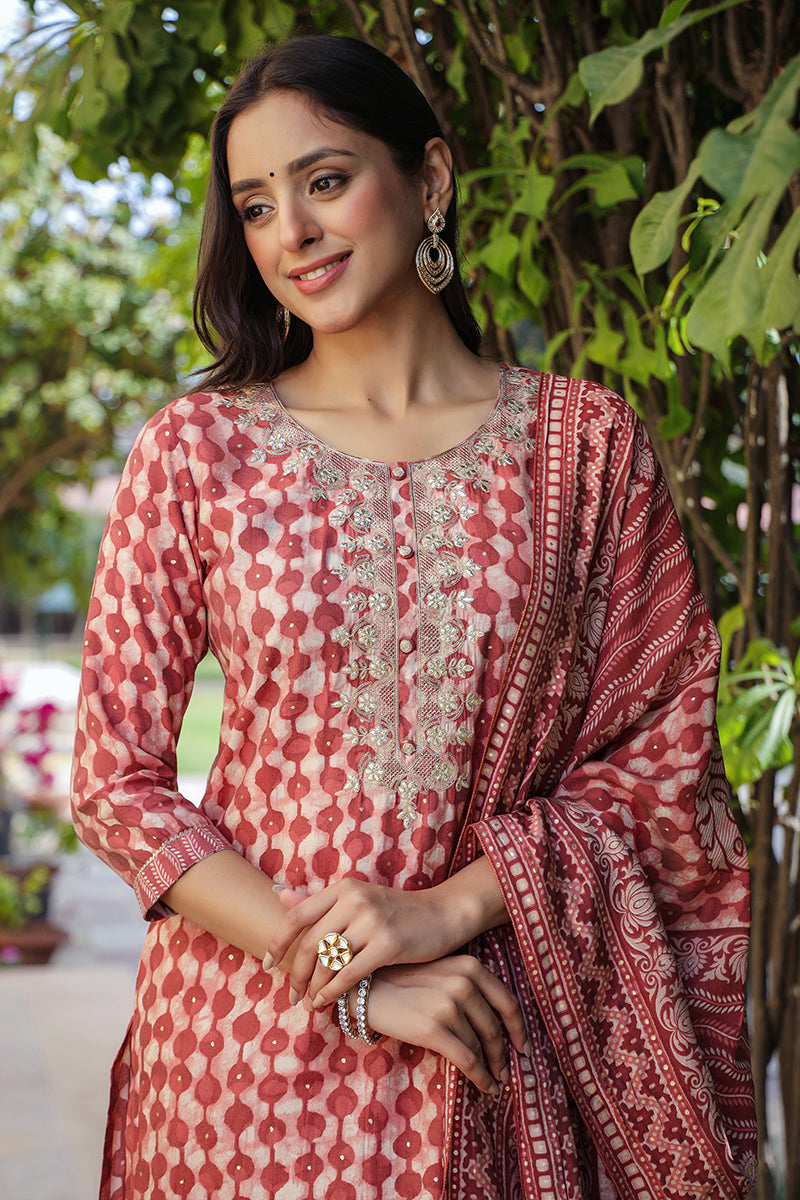 Beige Silk Blend Embroidered Geometric Printed Kurta Pant With Dupatta VKSKD1708