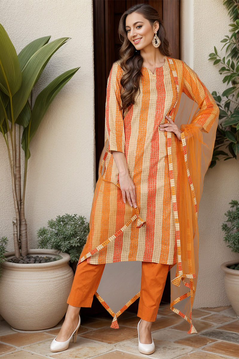 Beige Rayon Blend Checks Straight Kurta Pant With Dupatta VKSKD1733