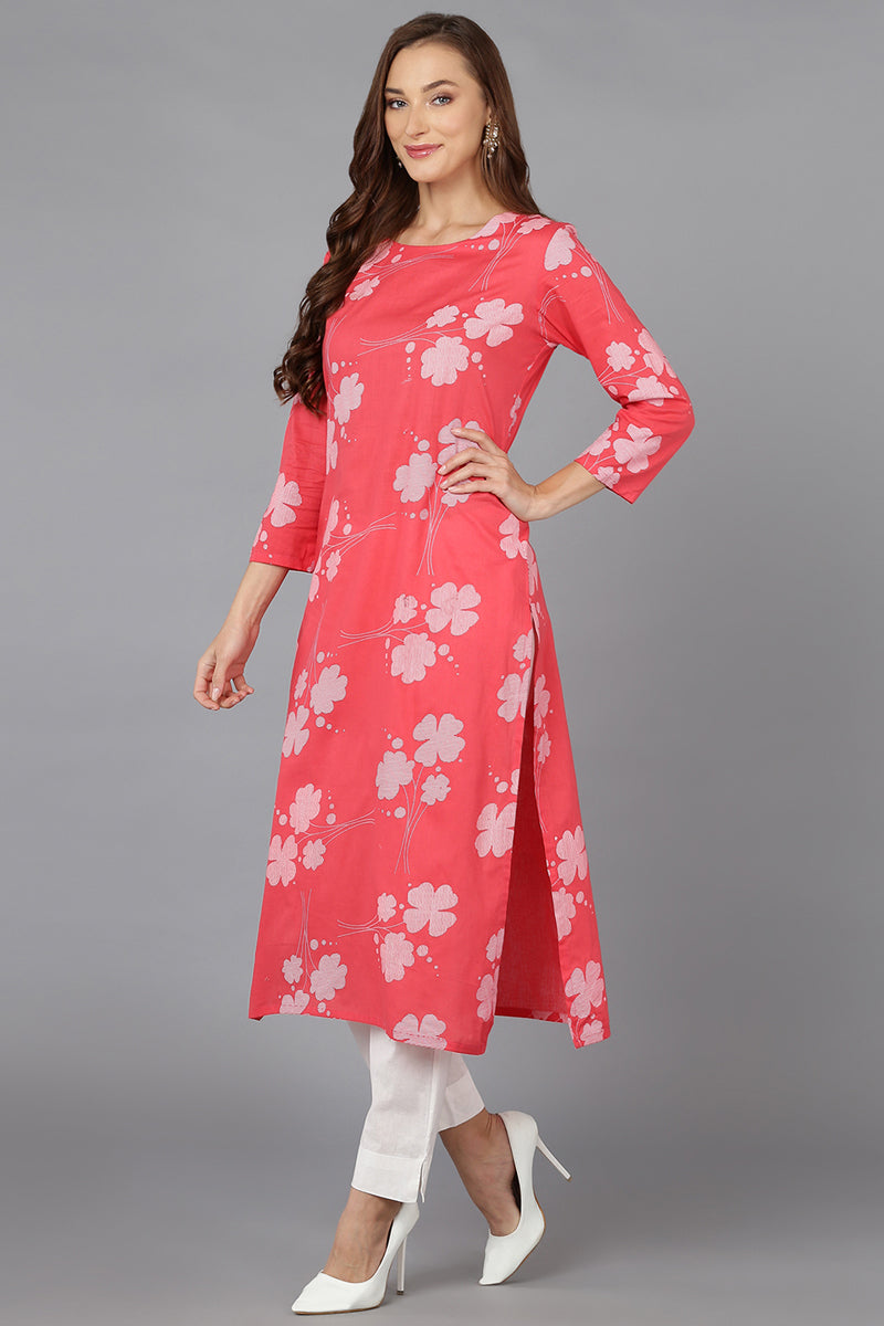 Pink Cotton Blend Printed Kurta Pant With Dupatta VKSKD1741
