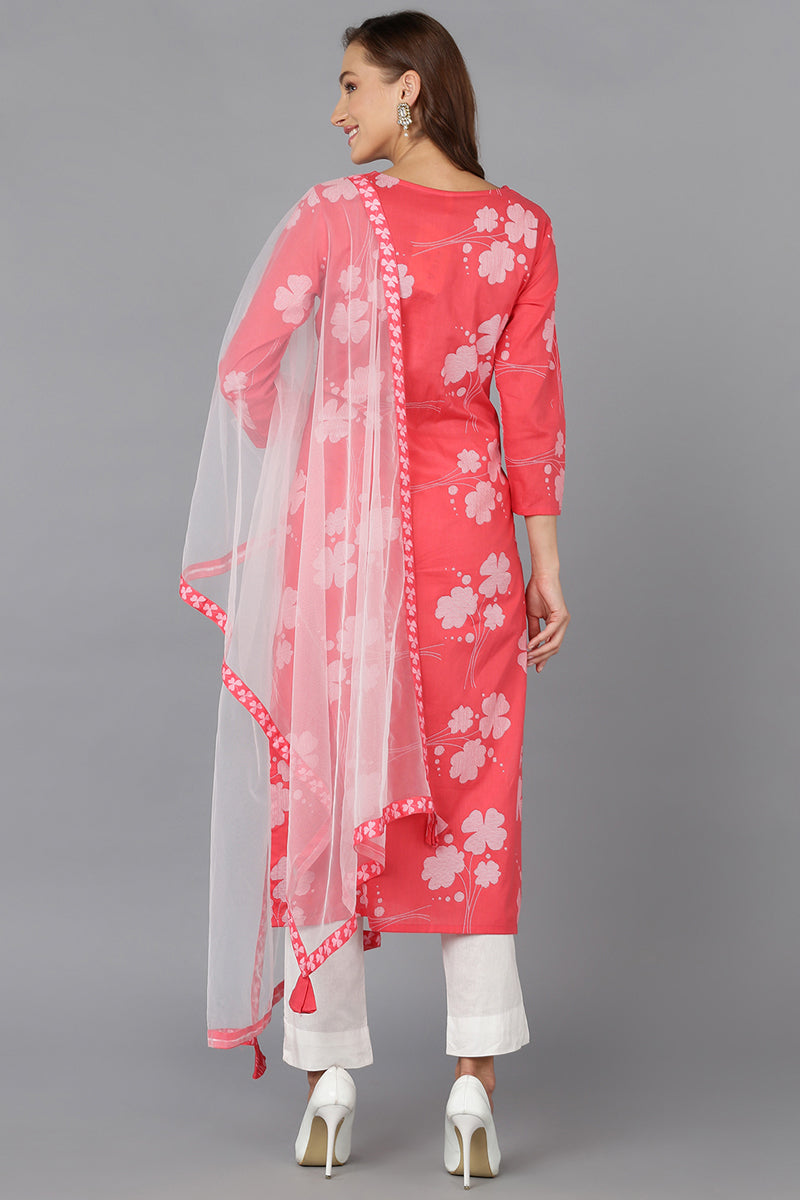 Pink Cotton Blend Printed Kurta Pant With Dupatta VKSKD1741