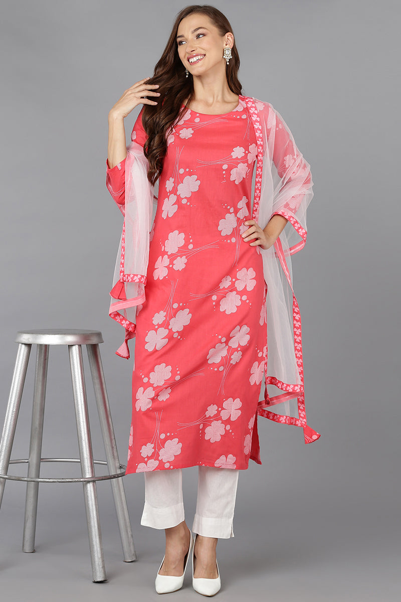 Pink Cotton Blend Printed Kurta Pant With Dupatta VKSKD1741