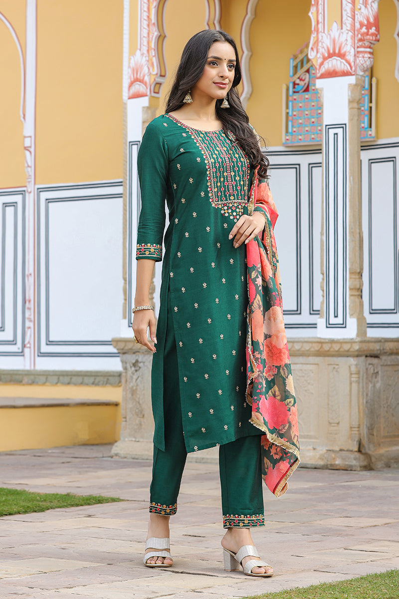 Green Silk Blend Embroidered Kurta Pant With Dupatta VKSKD1758