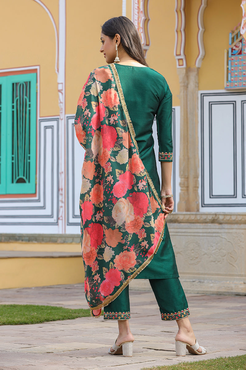 Green Silk Blend Embroidered Kurta Pant With Dupatta VKSKD1758