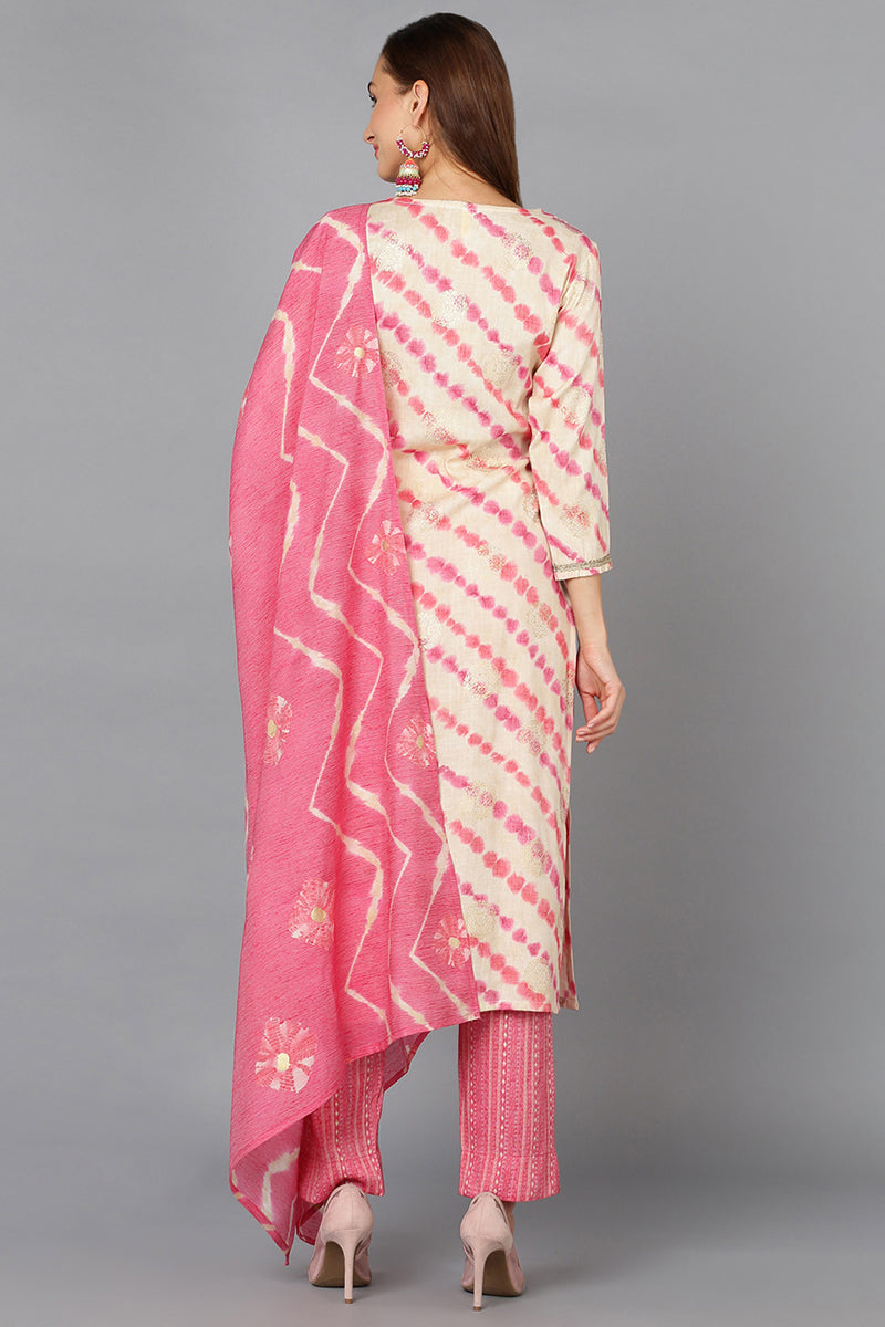 Cream Silk Blend Ethnic Motifs Straight Suit Set VKSKD1786