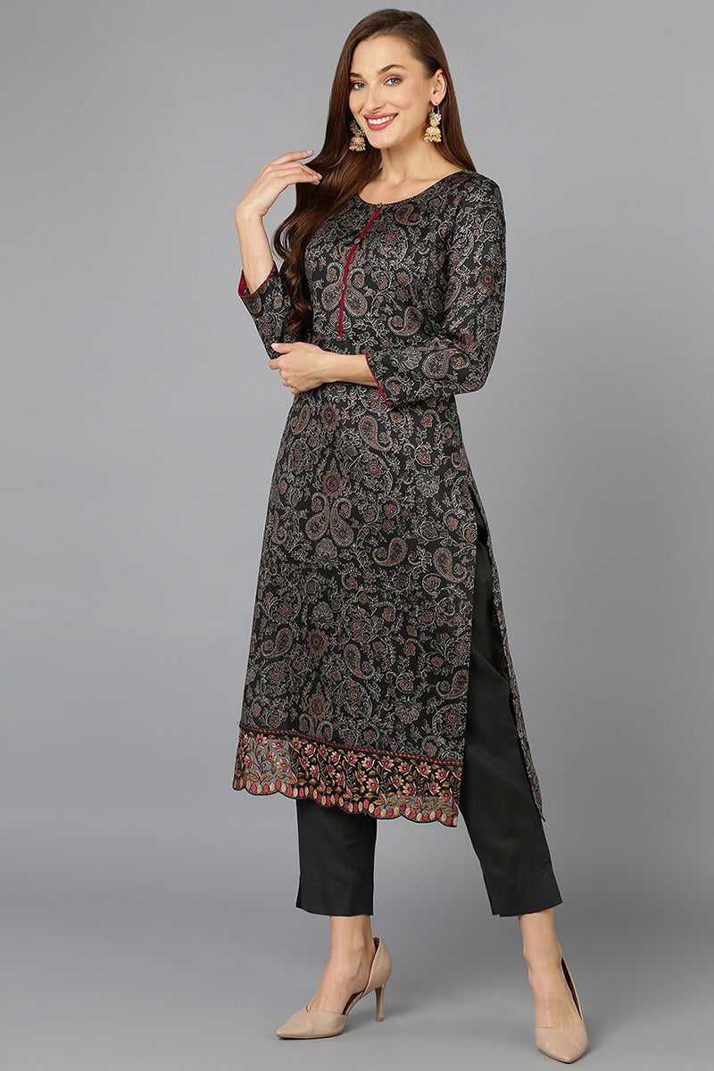 Black Cotton Straight Suit Set VKSKD1800